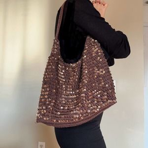 Sequin Woven Handmade Vintage Bag Tote Brown